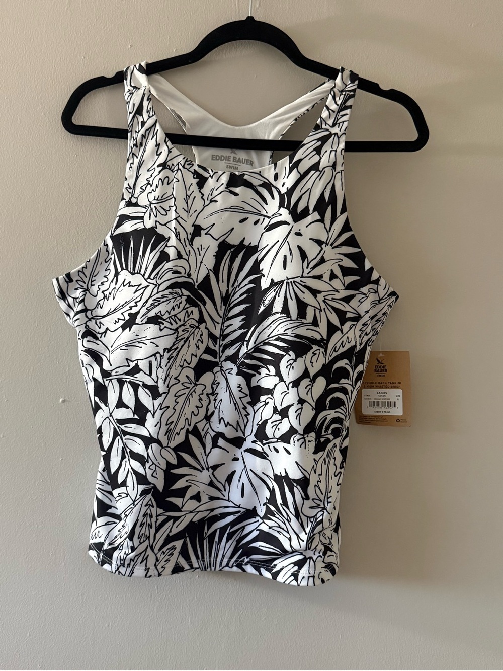 Eddie Bauer Black & White Tropical Leaf Two Piece Swimsuit